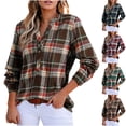 thumbnail image 1 of qolati Women's V Neck Plaid Shirts Flannel Casual Blouses Loose Fit Button-Down Business Boho Tops Long Sleeve Fashion Fall Outfits Green M, 1 of 8