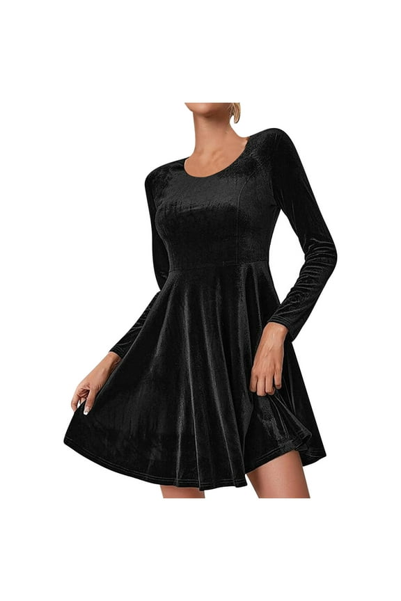 Women's Velvet Dress Fall Winter Long Sleeve Cocktail Christmas Party Club Dresses Flare Swing Mini Prom Dress for Wedding Guest 2024 Black M