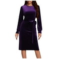 thumbnail image 1 of qolati Women's Velvet Midi Dress Lantern Sleeve Crew Neck Elastic High Waist Bodycon Formal Dress Elegant Solid Cocktail Party Bridesmaid Dresses with Belt, 1 of 8