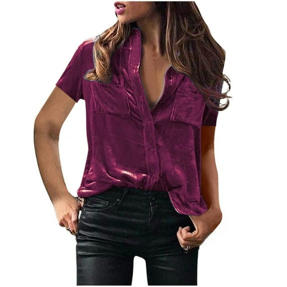 qolati Women's Velvet Shorts Sleeve Shirts Retro Casual Solid Button Down Collar Tops for Women Regular Fit Going Out Work Tunic Blouse with Pockets