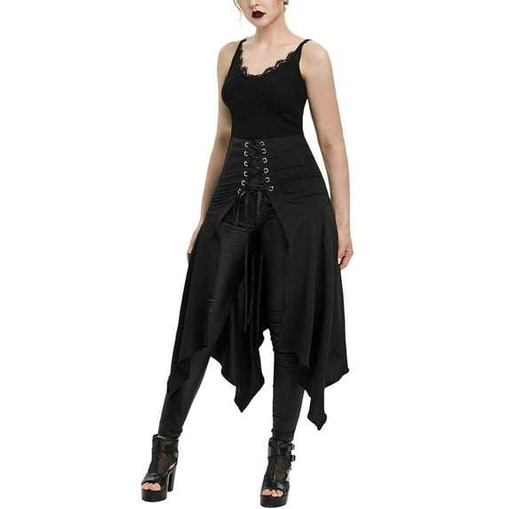 qolati Women's Vintage Corset Waistband Tie Maxi Skirt High Waist Tie Gothic Irregular Cover Up Skirt Solid Color Pleated A-Line Skirts