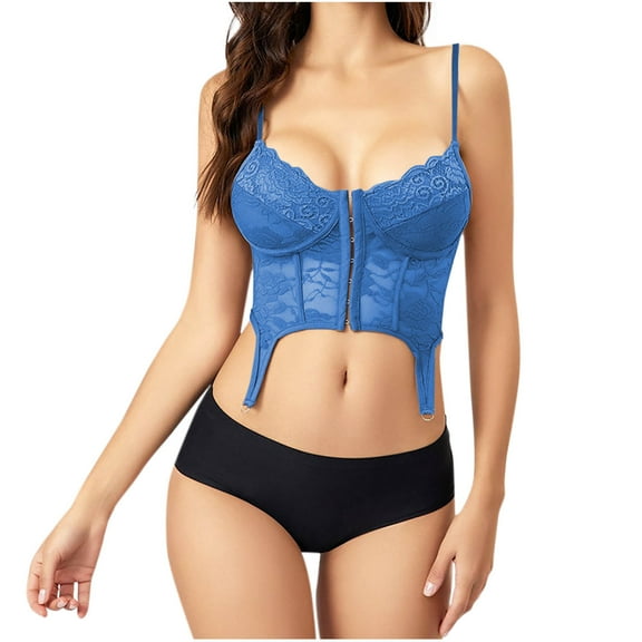 qolati Women's Vintage Floral Corset Bustier Top Renaissance Lace Up Boned Shapewear Top Front Closure Bandeau Tube Tops Blue M