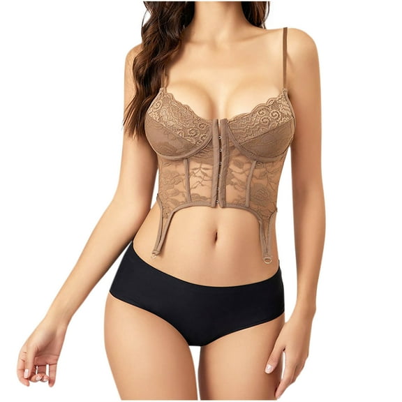 qolati Women's Vintage Floral Corset Bustier Top Renaissance Lace Up Boned Shapewear Top Front Closure Bandeau Tube Tops Coffee M