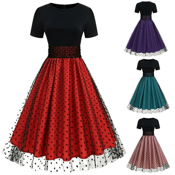qolati Women's Vintage Polka Dot 1950s Formal Dress Retro Rockabilly Prom Dress 50's 60's A-Line Cocktail Party Swing Dress