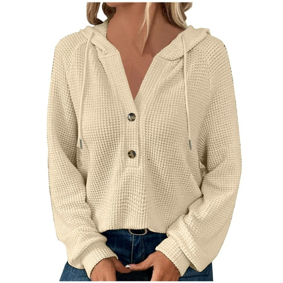 qolati Women's Waffle Knit Tops 2024 Fashion Long Sleeve Button Down Tunic T Shirts Casual Loose Fitted Going Out Pullover Blouse