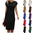 thumbnail image 1 of qolati Women's Wear to Work Dresses Elegant Cap Sleeve Sheath Bodycon Midi Dress Crewneck Ruched Front Business Office Pencil Dress Black S, 1 of 5