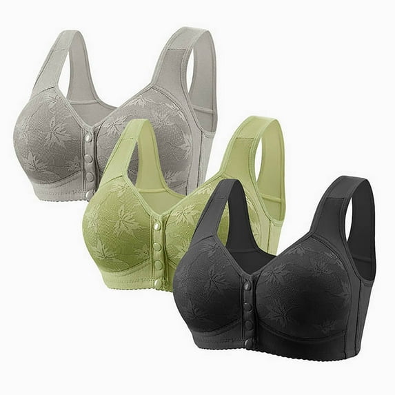 qolati 3 Pack Daisy Bras for Older Women Front Closure Push Up Bra No Underwire Sports Bra with Front Snaps Full Coverage Breathable Everyday Bras