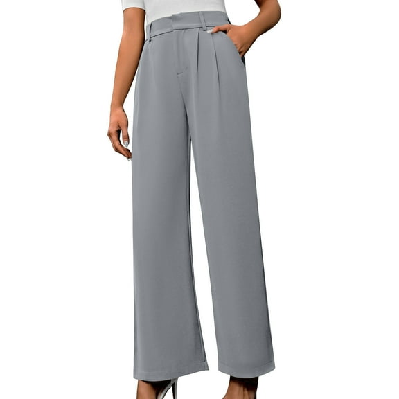qolati Women's Wide Leg Dress Pants Dressy Casual High Waisted Work Office Trousers Pleated Front Palazzo Lounge Pants with Pockets Gray M 6
