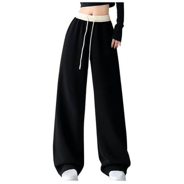 qolati Women's Wide Leg Sweatpants Color Block High Waist Baggy Lounge Pants Drawstring Athletic Joggers Sweat Pants with Pockets Black S 4