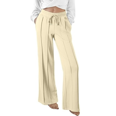 qolati Women's Wide Leg Sweatpants High Waisted Baggy Flared Pants Drawstring Athletic Joggers Ribbed Lounge Yoga Trousers with Pockets Beige S 4
