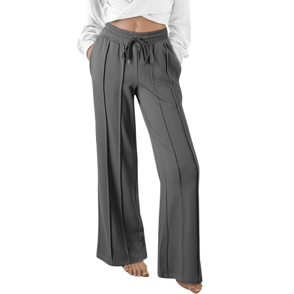 qolati Women's Wide Leg Sweatpants High Waisted Baggy Flared Pants Drawstring Athletic Joggers Ribbed Lounge Yoga Trousers with Pockets Dark Gray L 8