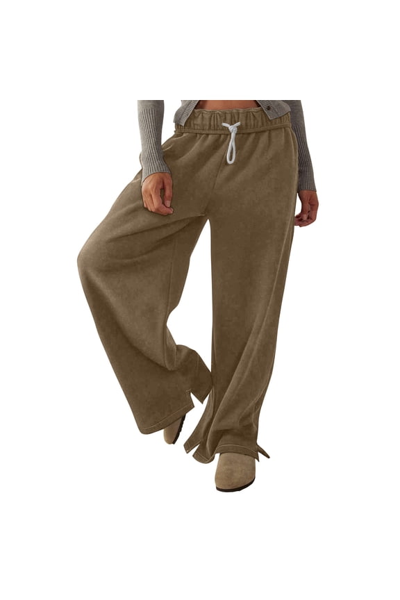 Women's Wide Leg Sweatpants High Waisted Baggy Palazzo Lounge Pants Drawstring Athletic Slit Flare Sweat Pants with Pockets Brown XXXL 14