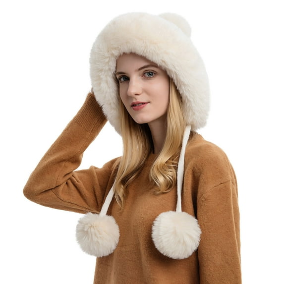 qolati Women's Winter Bucket Hat Faux Fur Brims Plush Pompom Beanie Cap Soft Warm Fuzzy Fleece Fisherman Hat