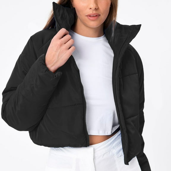 qolati Women's Winter Cropped Puffer Jacket Y2k Trendy Long Sleeve Zipper Quilted Lightweight Jackets Warm Short Down Coat Outwear