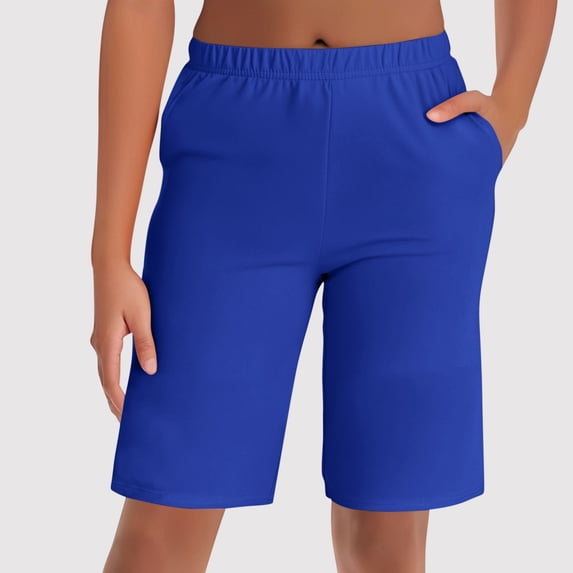qolati Women's Workout Shorts Casual Elastic High Waisted Knee Length Gym Running Shorts Summer Lounge Bermuda Shorts with Pockets Summer Blue M