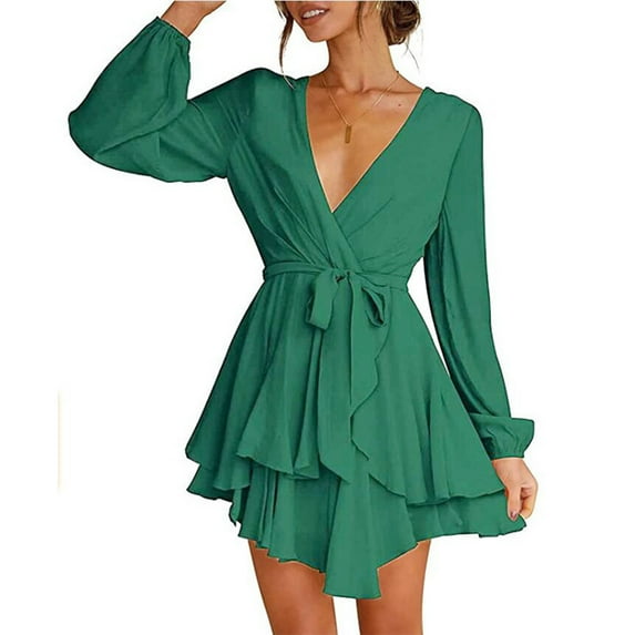 qolati Women's Wrap V Neck Dress 2023 Long Sleeve Tie Waist Ruffle Hem Cocktail Dress Elegant Wedding Guest Party Swing Mini Dresses