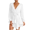 thumbnail image 1 of qolati Women's Wrap V Neck Dress 2023 Long Sleeve Tie Waist Ruffle Hem Cocktail Dress Elegant Wedding Guest Party Swing Mini Dresses, 1 of 6