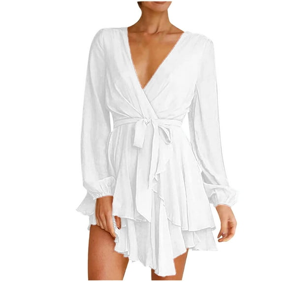 qolati Women's Wrap V Neck Dress 2023 Long Sleeve Tie Waist Ruffle Hem Cocktail Dress Elegant Wedding Guest Party Swing Mini Dresses
