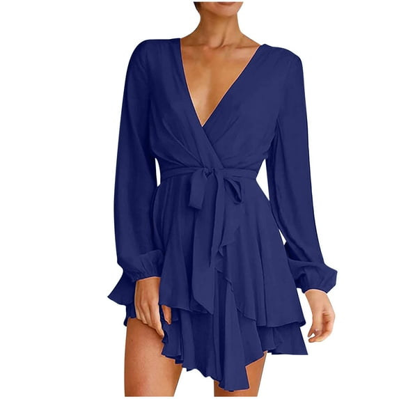 qolati Women's Wrap V Neck Dress 2023 Long Sleeve Tie Waist Ruffle Hem Cocktail Dress Elegant Wedding Guest Party Swing Mini Dresses
