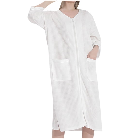 qolati Women's Zipper Bathrobe Waffle Knit Long Housecoat Sweatshirt Soft Robe 3/4 Sleeve Loungewear Nightgown with Pockets