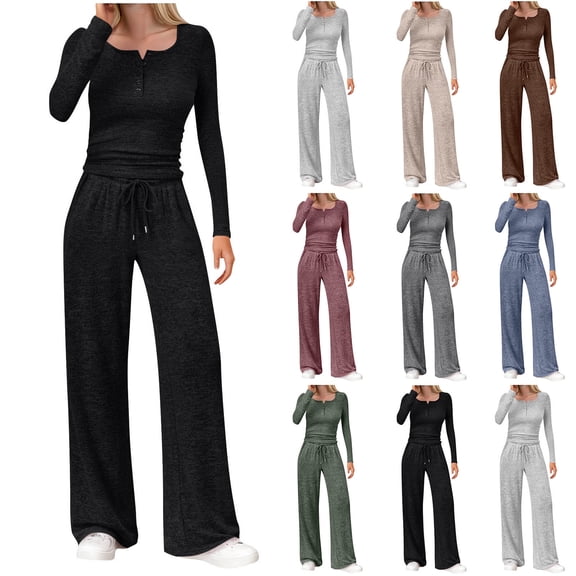 qolati Womens 2 Piece Lounge Sets Winter Outfits Henley Neck Sweater Top Wide Leg Pants Sweatsuit Matching Pjs Airport Vacation Travel Fall Pajamas Set