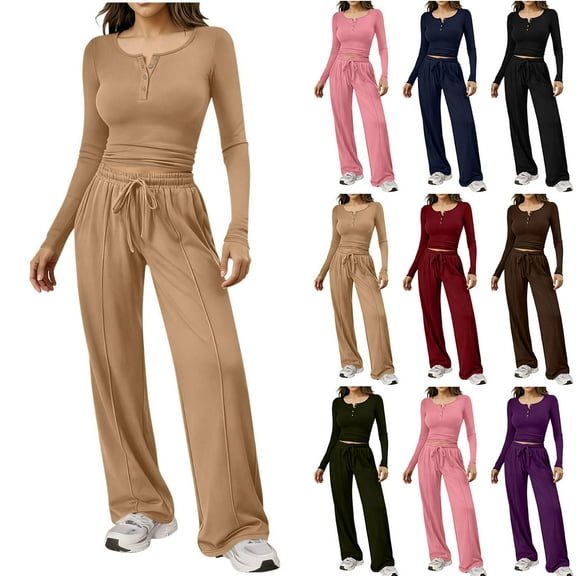 qolati Womens 2 Piece Matching Lounge Sets Spring Fashion Half Button Long Sleeve Henley Shirts with Wide Leg Pants Airport Travel Vacation Outfits Gym Sweatsuits Brown M
