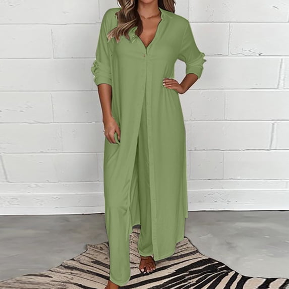 qolati Womens 2 Piece Outfits Casual V Neck Slit Hem Shirts Straight Legs Pants Lounge Suits Plus Size Solid Workwear Vacation Sets