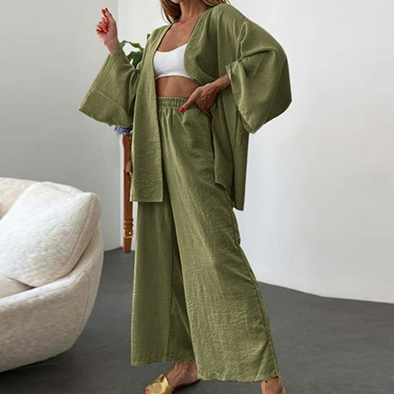 qolati Womens 2 Piece Outfits Cotton Linen Casual Elastic Wide Legs Pants Oversized Cardigan Lounge Sets 2023 Trendy High Waisted Vacation Suits