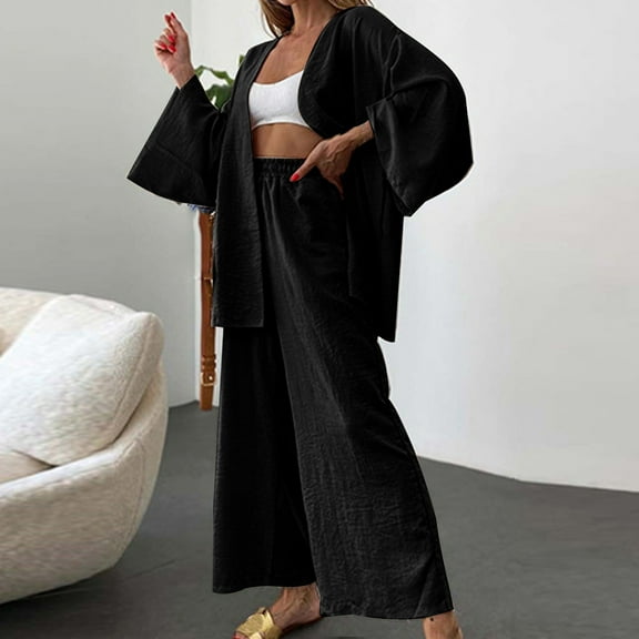 qolati Womens 2 Piece Outfits Cotton Linen Casual Elastic Wide Legs Pants Oversized Cardigan Lounge Sets 2023 Trendy High Waisted Vacation Suits