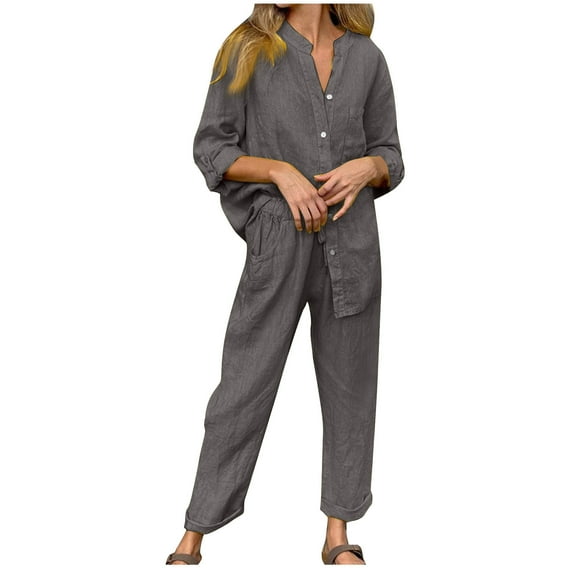 qolati Womens 2 Piece Outfits Cotton Linen Sets Casual Long Sleeve Button Down Shirt Top and Elastic High Waisted Pants Matching Outfits Tracksuit Fall Lounge Set