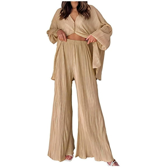 qolati Womens 2 Piece Outfits Long Sleeve Button Down Shirt and Flare Pants Matching Sets Lightweight Casual Striped Loungewear Suits