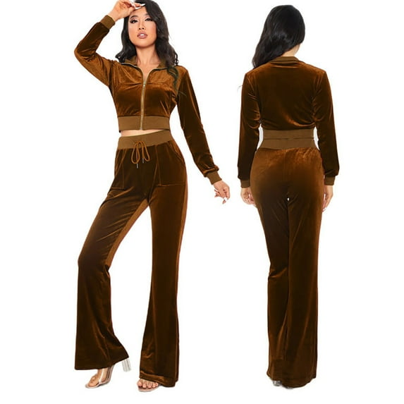 qolati Womens 2 Piece Outfits Velvet Sweatsuit Set Long Sleeve Zip Up Hoodie Crop Top Wide Leg Pants Tracksuit Y2k High Waist Sweatpants Lounge Sets with Pockets
