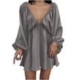 thumbnail image 1 of qolati Womens 2024 Fall Dresses Puff Long Sleeve Ruched Mini Sundress Deep V Neck Tunic Dress Casual Loose Flowy Swing Shift Dress, 1 of 6