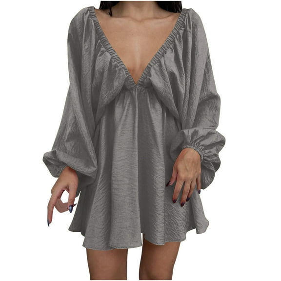 qolati Womens 2024 Fall Dresses Puff Long Sleeve Ruched Mini Sundress Deep V Neck Tunic Dress Casual Loose Flowy Swing Shift Dress