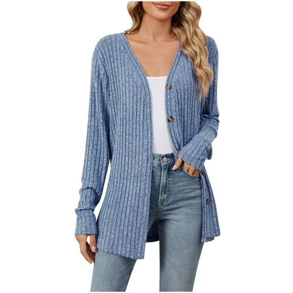 qolati Womens 2024 Fall Long Cardigan Ribbed Knit Lightweight Sweater Casual Button Down Open Front Long Sleeve Outfits