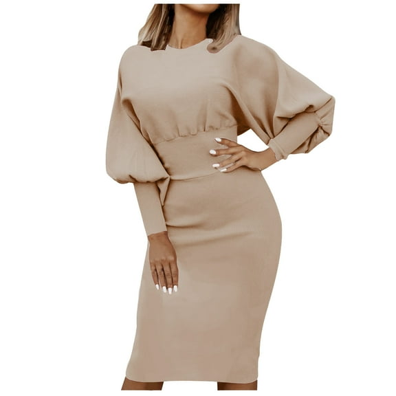 qolati Womens 2024 Fall Sweater Dresses Fashion Casual Winter Crewneck Long Sleeve Ribbed Knit Work Dress Knee Length Evening Cocktail Party Club Dress