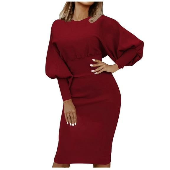qolati Womens 2024 Fall Sweater Dresses Fashion Casual Winter Crewneck Long Sleeve Ribbed Knit Work Dress Knee Length Evening Cocktail Party Club Dress