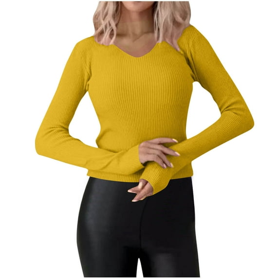 qolati Womens 2024 Fall Sweaters Casual Long Sleeve Ribbed Knit Shirts Slim Fitted V Neck Lightweight Pullover Tops Blouse
