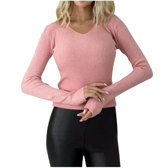 qolati Womens 2024 Fall Sweaters Casual Long Sleeve Ribbed Knit Shirts Slim Fitted V Neck Lightweight Pullover Tops Blouse