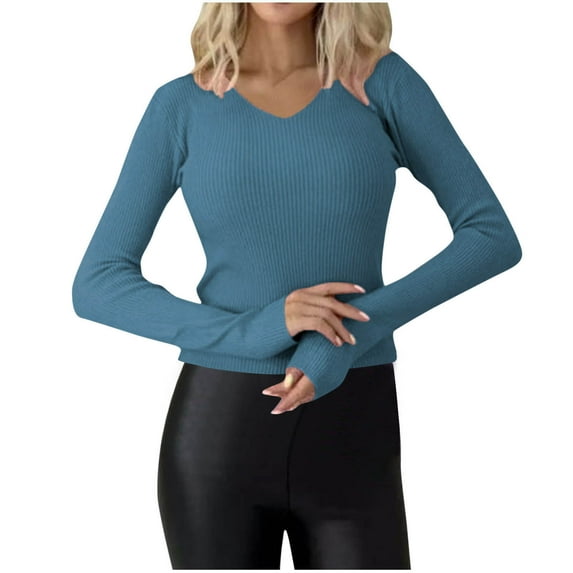 qolati Womens 2024 Fall Sweaters Casual Long Sleeve Ribbed Knit Shirts Slim Fitted V Neck Lightweight Pullover Tops Blouse
