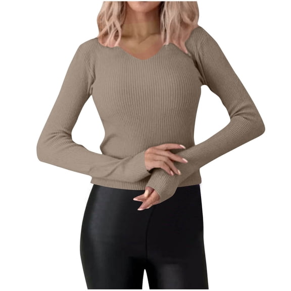 qolati Womens 2024 Fall Sweaters Casual Long Sleeve Ribbed Knit Shirts Slim Fitted V Neck Lightweight Pullover Tops Blouse