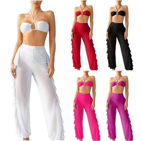 qolati Womens 3 Piece Boho Solid Color Bikini Set Halter Tie Side High Cut Swimsuit with Cover Up Beach Pants Red M