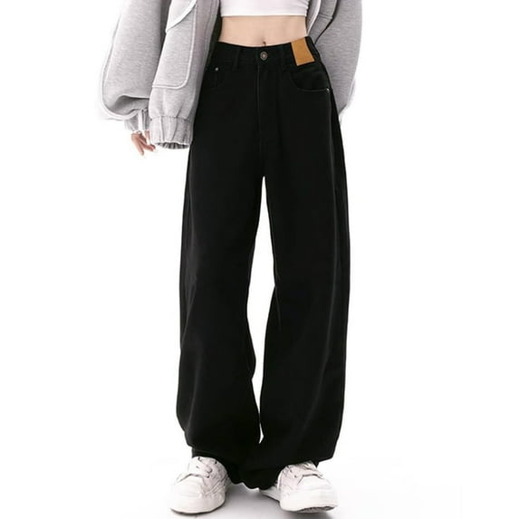 qolati Womens Baggy High Waist Jeans Y2k Trendy Wide Leg Straight Boyfriend Jeans Casual Vintage Denim Pants with Pockets Black XXXL 14