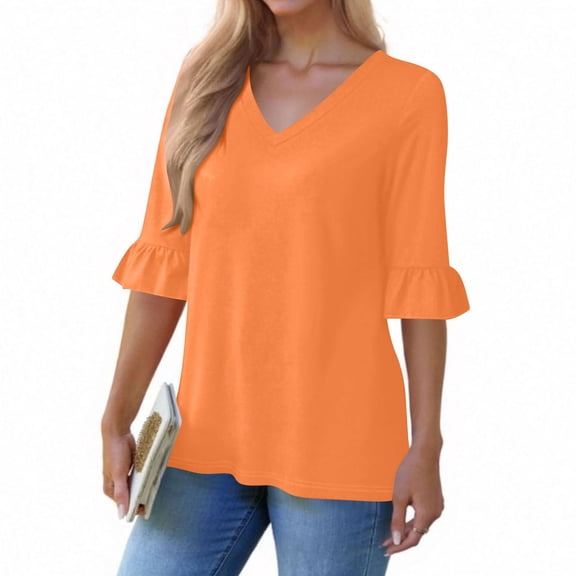 qolati Womens Blouses Dressy Casual 3/4 Length Sleeve Tunic Tops Loose Flared Sleeve V Neck Holiday Party T-Shirts Orange M