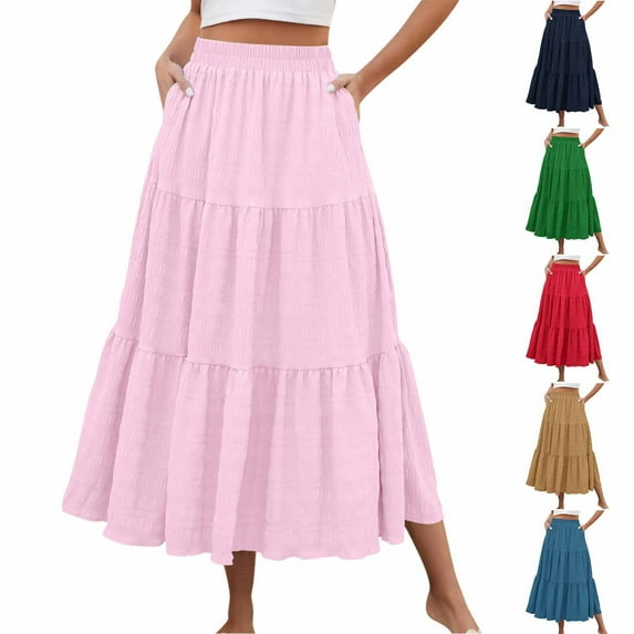 qolati Womens Boho Flowy Maxi Skirts Elegant Flared Ruffle Hem Tiered Beach Vacation Skirt Elastic High Waisted Summer Fall A Line Long Skirts Green S
