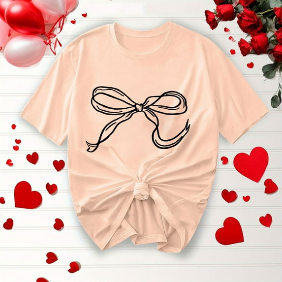 qolati Womens Bow Print Graphic Tops Cute Crew Neck Short Sleeve Shirts Summer Casual Loose Fit Blouse Tees