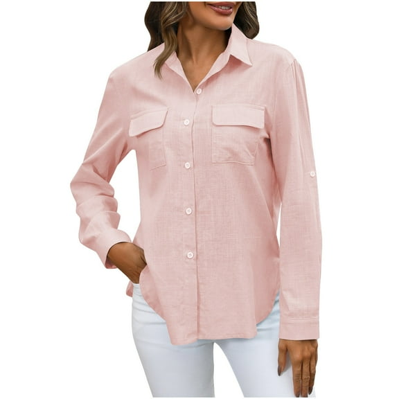 qolati Womens Button Down Shirt 2024 Casual Long Sleeves Cotton Linen Blouse Loose fit Classic Collared Business Work Dressy Tops with Pockets