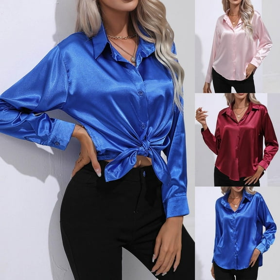 qolati Womens Button Down Shirts Classic Fit Satin Long Sleeve Business Tops 2023 Dressy Casual Office Work Tunic Blouse