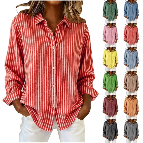 qolati Womens Button Down Shirts Loose Fit Striped Dress Shirt Casual Long Sleeve Collared Office Work Blouses TopsOrangeM