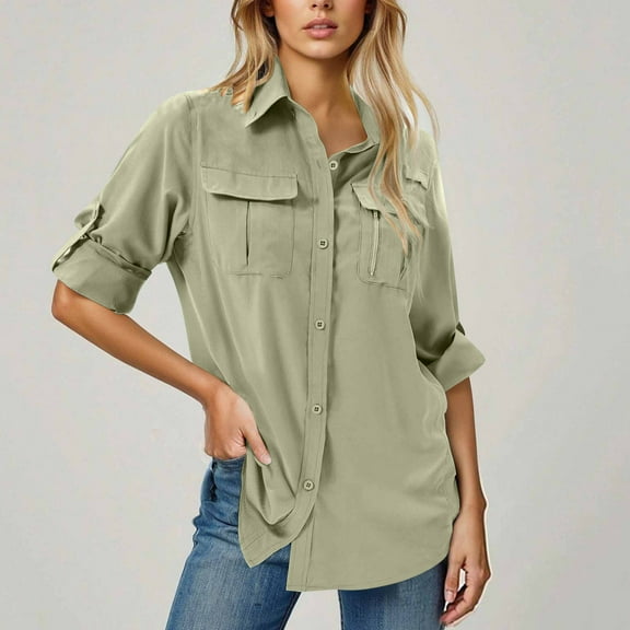 qolati Womens Button Down Shirts Casual Long Sleeve Sun Shirt Hiking Quick Dry UV Protection Button Up Travel Shirt Stylish V Neck Blouses Tops with Flip Pockets Khaki M